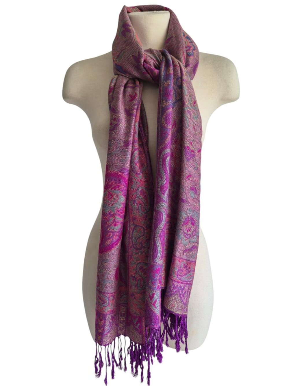 100% Pashmina Scarf Purple Jacquard Woven Fringe Detail 70” x 27”